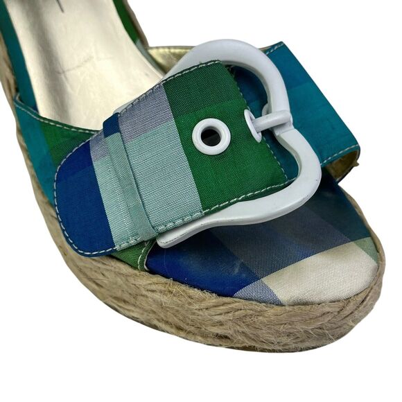 JESSICA SIMPSON Wedge Heels Pink Blue Green Plaid Buckle Open Toe GALVIN Sz 6 B - Picture 7 of 12
